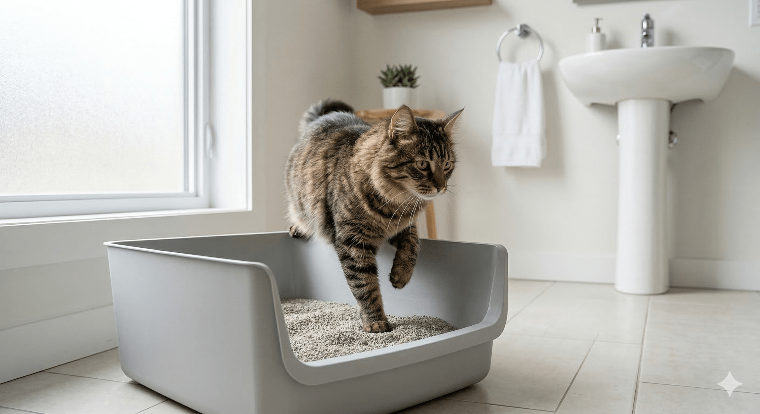 Hauskatze benutzt ein modernes Katzenklo in einem sauberen Badezimmer