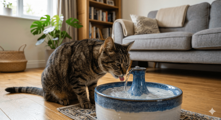 Wohnungskatze trinkt aus modernem Trinkbrunnen im Wohnzimmer
