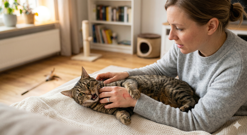 Eine Katze beißt eine Frau in die Hand – Szene eines Katzenbisses ohne Vorwarnung, illustriert das Problem "Katze beißt ohne Grund