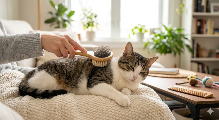 Eine Hand verwendet eine feine Zupfbürste, um das Fell einer ruhenden Hauskatze zu bürsten – gesunde Fellpflege.