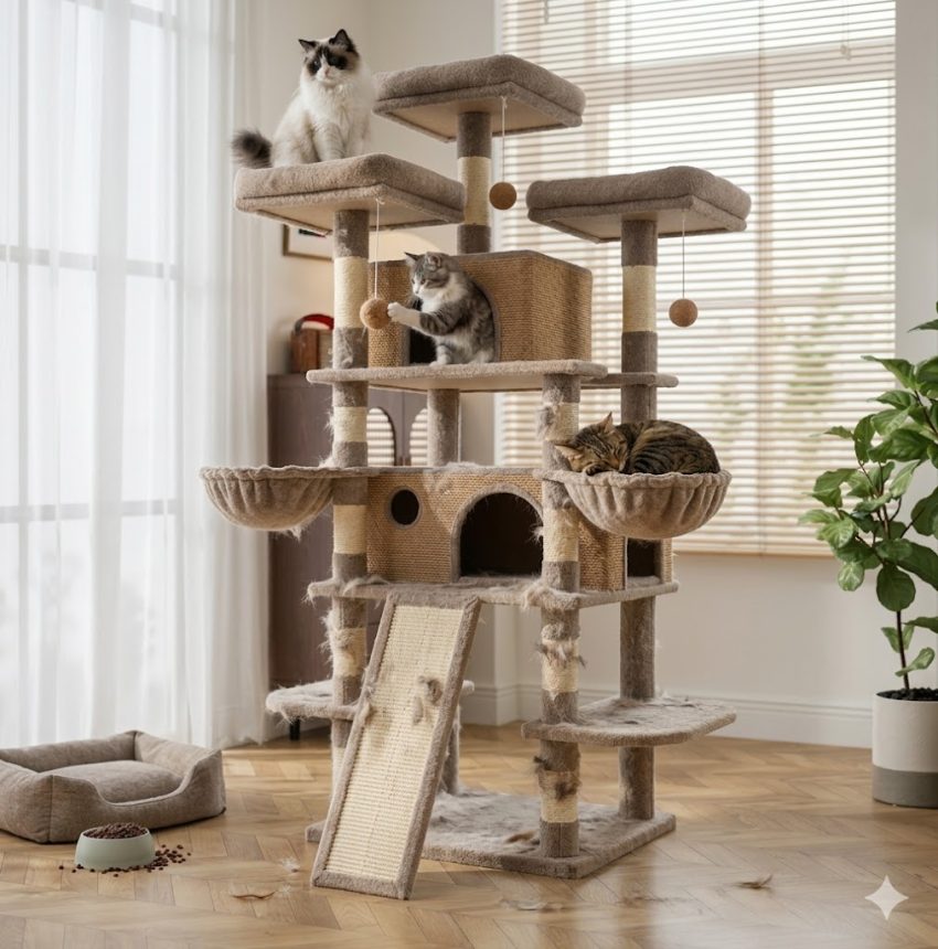 Großer, deckenhoher Kratzbaum XXL für schwere Katzen mit mehreren Liegeflächen, Katzenhöhle und Sisal-Kratzsäulen im hellen Wohnzimmer. Drei Katzen ruhen und spielen auf dem Kratzmöbel.