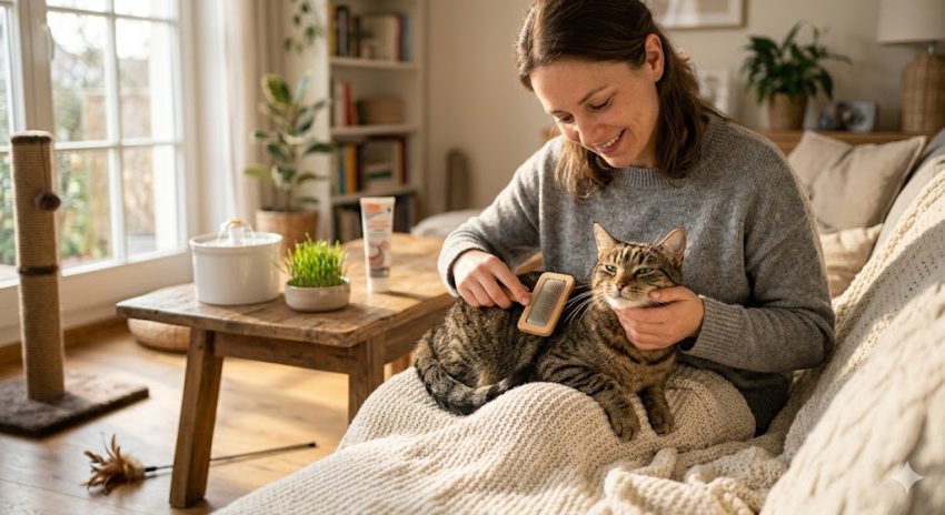Nahaufnahme einer Person, die eine Katze auf dem Schoß bürstet – Illustration zum Thema Katzengesundheit.