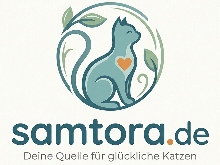 Minimalistisches Logo von samtora.de zeigt eine stilisierte Katze in einem kreisförmigen Rahmen mit grünen Blättern, Symbol für einen natürlichen Katzenratgeber.